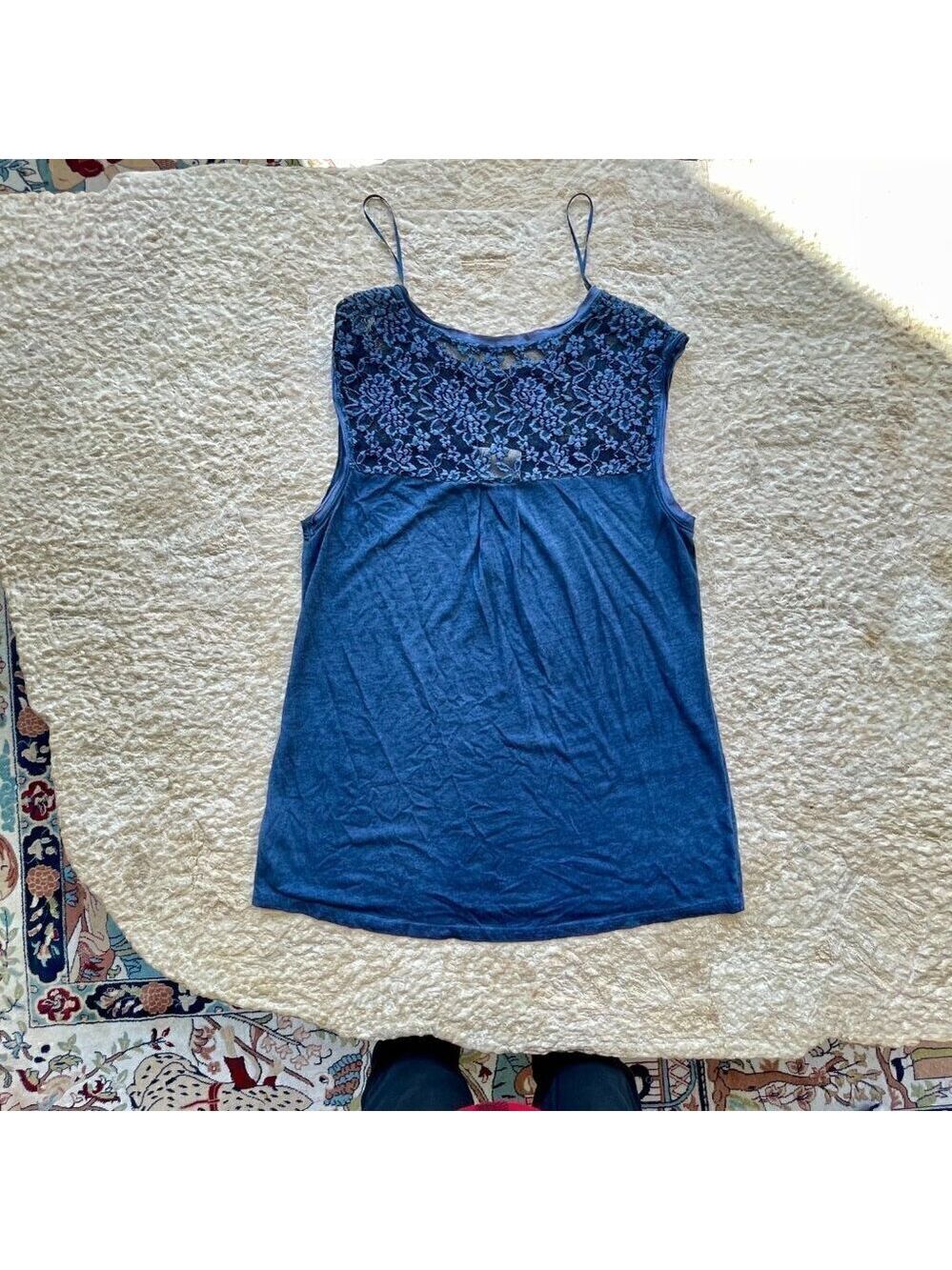 Blue Cotton and Lace Short Sleeved Blouse Tank, Size Large - Picture 8 of 8